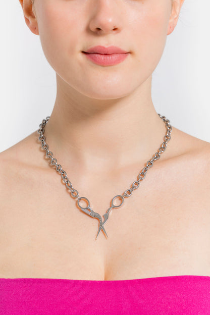 Stork Scissor Necklace in Silver